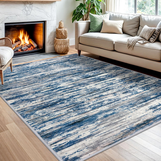 SIILOOM 5x7 Modern Abstract Area Rug for Bedroom, Navy Blue Gray Neutral Multi Large Super Soft Washable Rug with Slip-Resistant, Non-Shedding Rugs Indoor Door Mat for Home Décor