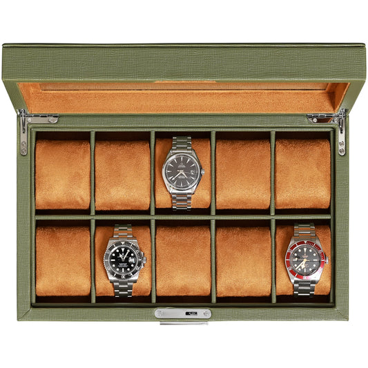 ROTHWELL 10 Slot Leather Watch Box - Luxury Case Display Jewelry Organizer - Locking Watch Display Case Holder with Large Glass Top - Box Organizer for Men and Women (Green/Tan)