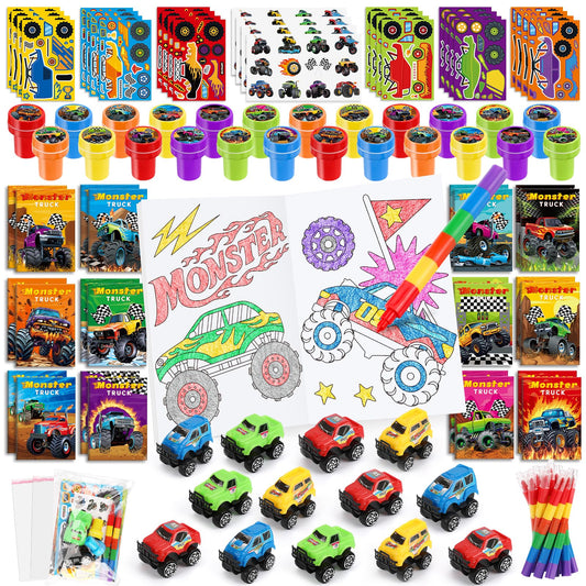 BenLouis 84Pcs Monster Truck Party Favors Truck Car Theme Coloring Books Crayons Sticker Set Bulk for Kids Racing Wheels Birthday Decor Goodie Bag Stuffer Classroom Rewards Craft Pinata Supplies