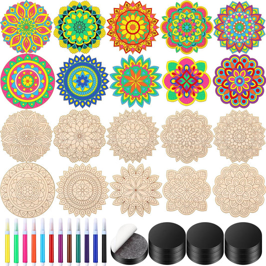 Cinnvoice 104 Pcs Wooden Mandala Magnet DIY Mandala Fridge Magnet Craft Painting Kit Included 40 Unfinish Wood Cutout 24 Colored Pen 40 Self Adhesive Magnets for Refrigerator Decor(Stylish)