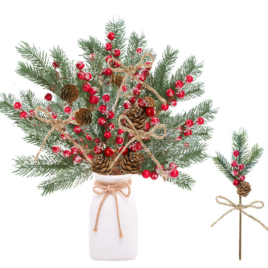Sggvecsy 15 Pack Snow Frosted Christmas Berries Pine Picks Artificial Red Berry Pine Branches Frosted Faux Pine Stem with Pine Cones Fake Pine Needles for Xmas Tree Wreath DIY Craft Holiday Decor