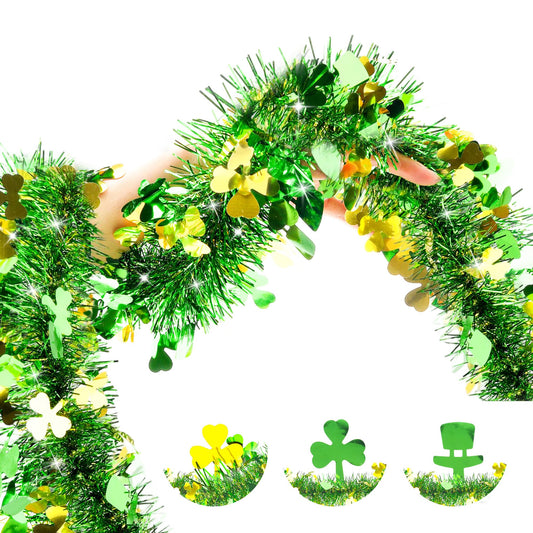33FT St Patricks Day Decorations Gold Green Shamrock Hat Tinsel Garland, Shiny Metallic Hanging Shamrock Garland Streamer Saint Patricks Day Decor for St Patrick's Day Home Indoor Outdoor Irish Party