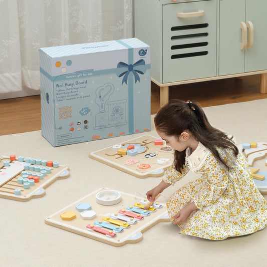 Pillowhale Train Activity Wall Busy Board, Wooden Montessori Sensory Toys, 12-in-1 Learning Activity Center for Playroom,Daycare, Nursery, Classroom, Educational Toys for Toddler
