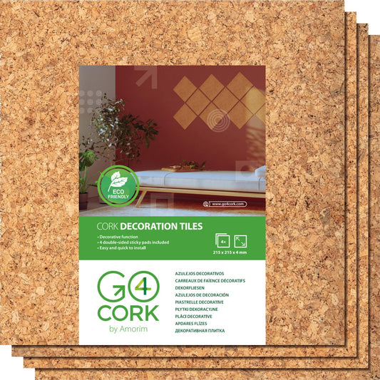 Go4Cork Square Cork Tiles - 8.5" x 8.5", Pack of 4 | Premium Double-Sided Eco Cork Tiles | Multipurpose for Crafts & Home, Classroom & Office Organization Decor | Anti-Slip & Easy to Use