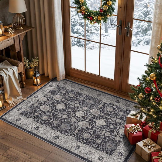 Skiennix Washable 3x4 Entryway Area Rug - Ultra Soft Low Pile Anti-Slip Carpet for Indoor Use | Black