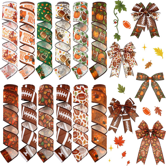 Vincreem 12 Rolls Fall Football Wired Edge Ribbon for Wreaths 2 Inch x 60 Yards Maple Leaves Pumpkin Football Print Ribbon Crafts for Thanksgiving Harvest Party Decorative Supplies, 12 Styles