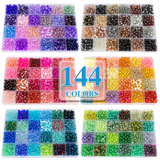 XSEINO About 7200pcs 144 Colors 6mm Crackle Glass Beads Bracelet Making Kit,6Box Different Style Crack Series Colorful Crystal Beads for Bracelet Jewelry Making,DIY Crafts,Friendship Bracelets