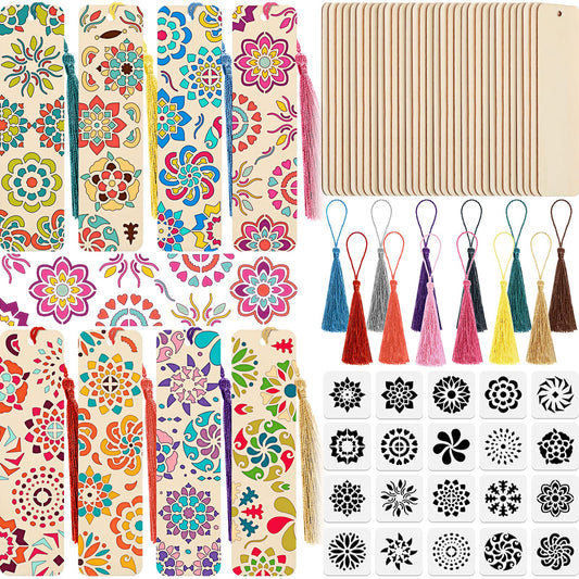 TaoBary 92 Pcs Wood Bookmark Making Kit Includes 36 Unfinished Blank Bookmarks 36 Tassels 20 Templates Craft for DIY Crafts, Painting, Valentine's Day, Mother's Day Gift, (Flower, 4.8 x 1.3 Inch)