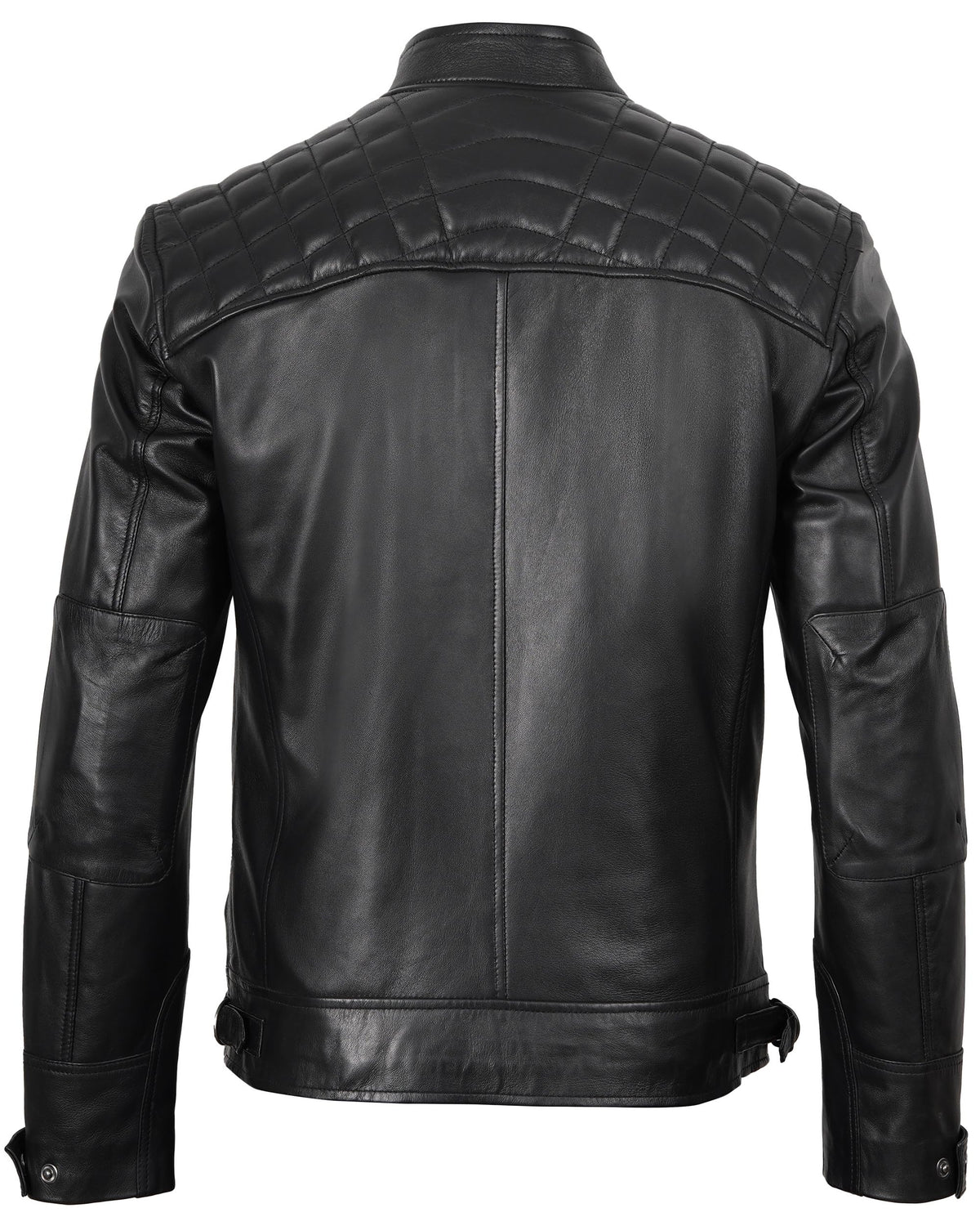 fjackets Real Lambskin Leather Biker Jacket — Quilted Cafe Racer Zip Up Moto Jacket Men Tall | [1118795] Johnson Black, XL