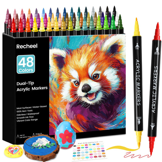 Recheel 48 Colors Acrylic Paint Markers, Dual Tip with Precision Fine Tip and Versatile Brush Tip Pens for Creative DIY, Crafting, Stone, Wood, Canvas, Glass, Metal, and More