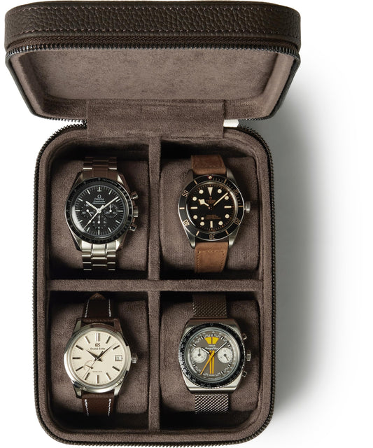 TAWBURY Watch Case - 4 Slot Genuine Top-Grain Leather Watch Box for Men & Women with Extra Wide Pillows for Large Watches - Portable Wristwatch Storage for Home & Travel (Brown)