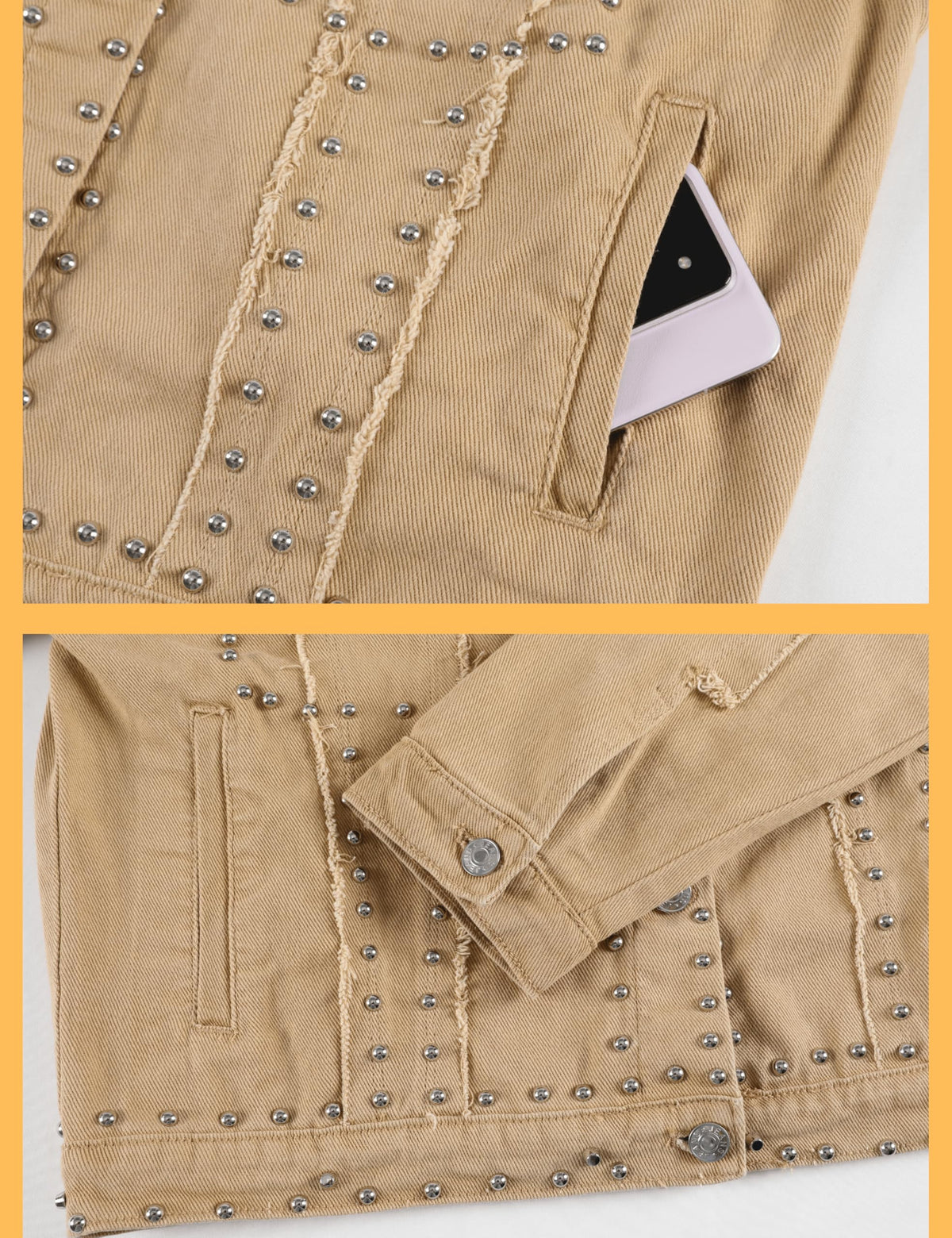 Omoone Women's Long Sleeve Rivet Studded Denim Jacket Casual Washed Pearl Short Jean Coat(2140-Khaki-XL)