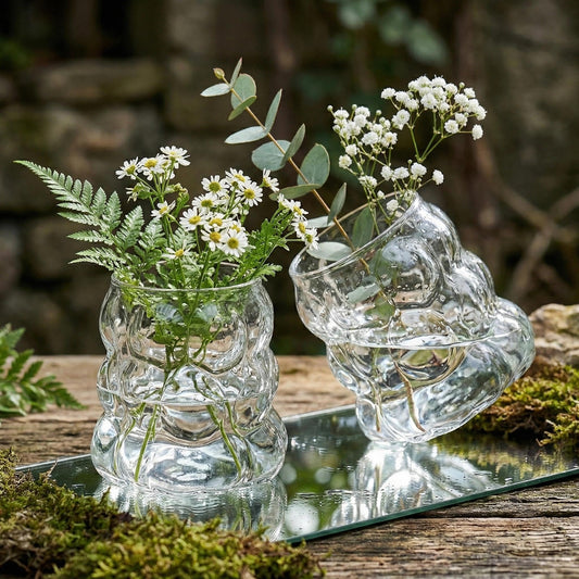 2PCS Small Bubble Glass Bud Vase: Light Weight Short Wide Mouth Crystal Clear Vase - Mini Aesthetic Funky Vase for Hydroponic Plants, Dried Flowers, Table Centerpiece, Coffee Side & Desk Modern Decor