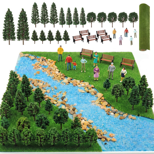 Soulchen 30 Pieces Model Trees 3.3-6.3 Inch Mixed Mini Trees Diorama Supplies Model Grass Mat Mini People Figurines Benches Ho Scale Accessories for Projects Train Scenery Landscape DIY Crafts