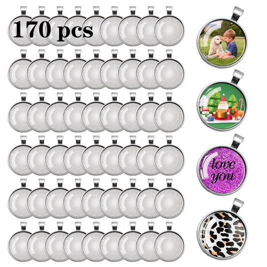 Csdtylh 170Pcs Pendant Trays Kit, Round Cabochon and Tray, Alloy Tray Charms Bulk, Bezel Pendant Trays for Homemade Jewelry, Necklaces, DIY Crafts, Resin Art, Paint Pour Skins and Costume Jewelry