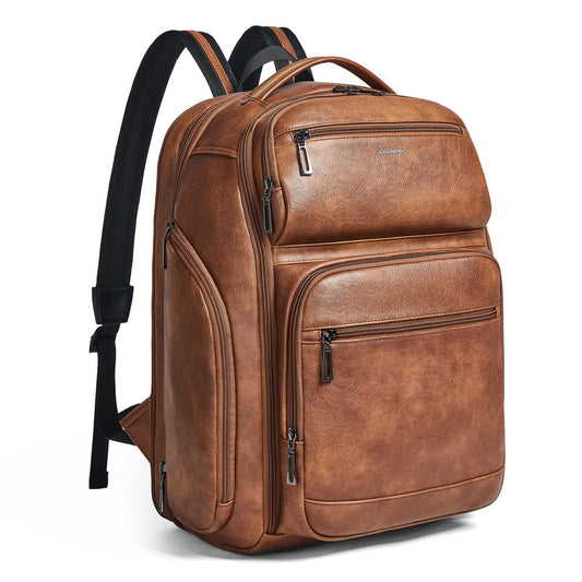 tiamyi Vegan Leather Backpack, 40L Expandable, TSA Travel Backpack for Men and Women, Fits 17.0 Inch Notebook with Luggage Strap and USB Port, Brown