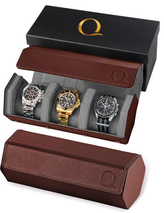 QWATCHBANDS Napa Leather Watch Rolls for Men - Hexagon Triple Watch Roll Travel Case for 3 Watches - Storage Organizer Genuine Leather with Velvet Interior Display (Brown/Gray)