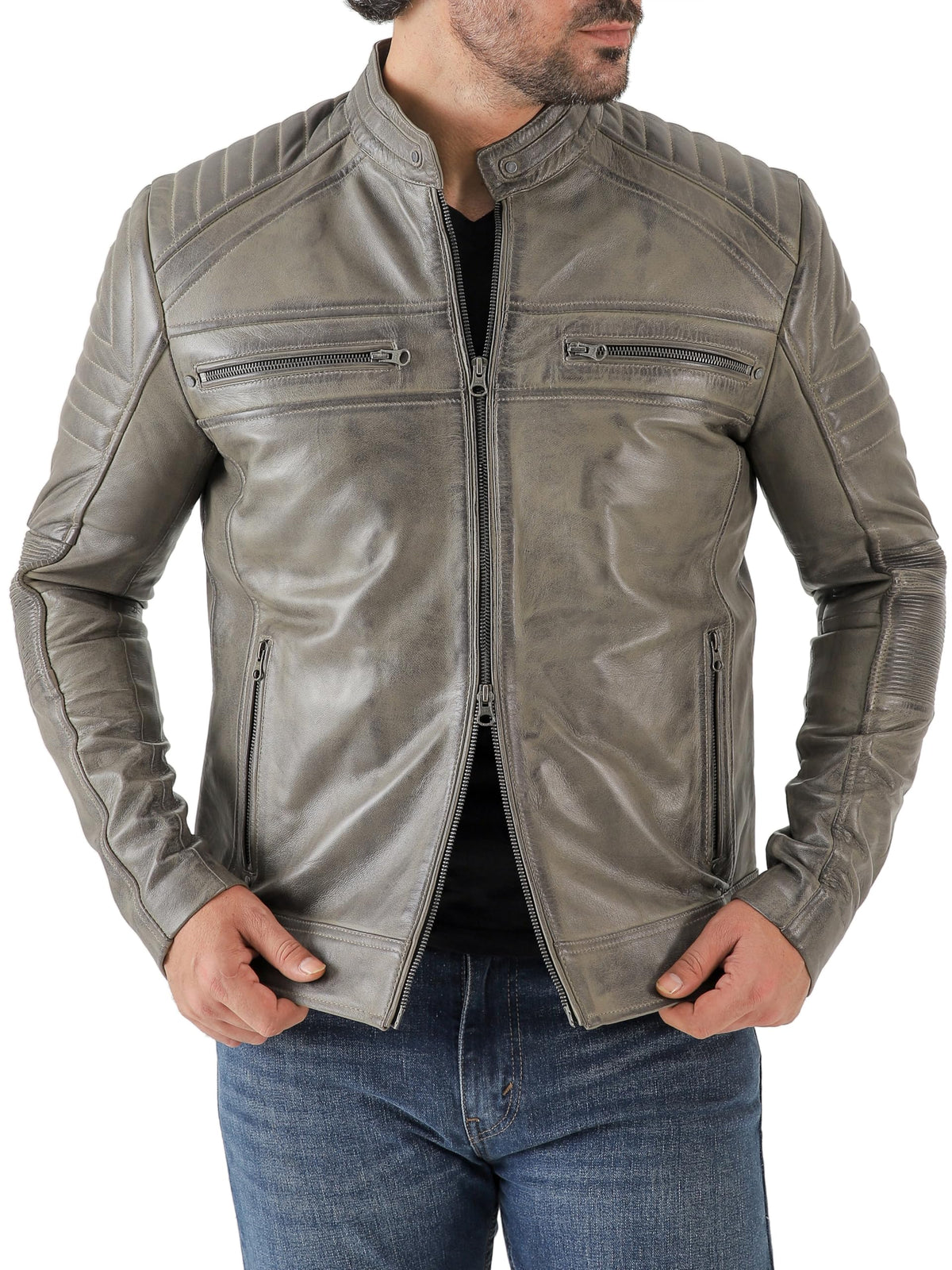Jild Vintage Cafe Racer Leather Jacket Men - Hand Waxed Real Lambskin Leather Motorcycle Jacket (CRM-Grey-M)