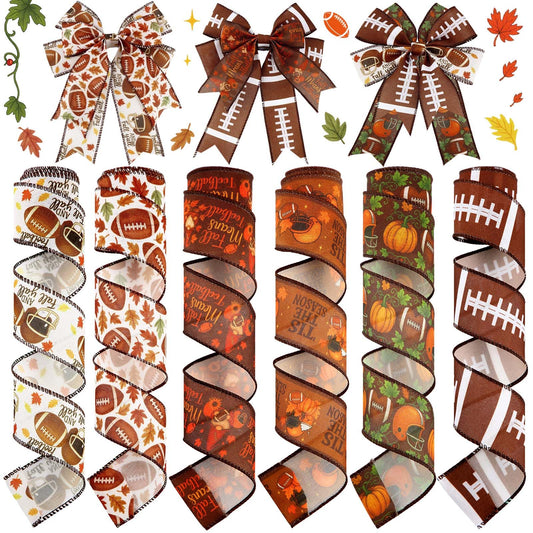 Juexica 6 Rolls Football Fall Wired Edge Ribbon 2 Inch x 30 Yards Brown Orange DIY Crafts Fabric Rustic Football Ribbons for Gift Wrapping Bows Party Wreath Floral Decoration Sewing Supplies