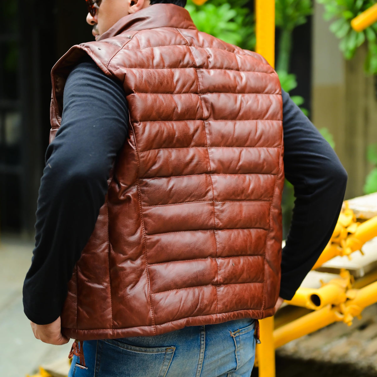 Jild Lambskin Leather Puffer Vest with Removable Hood - Stand Collar Casual Style Sleeveless Leather Jacket Men (Puffer-Tan-L)