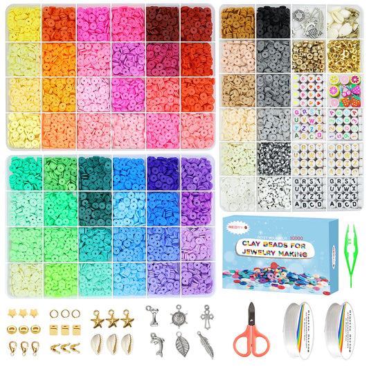 Redtwo 10000 Pcs Clay Beads Bracelet Making Kit, 3 Boxes 60 Colors Flat Preppy Beads for Friendship Bracelet Kit, Polymer Heishi Beads with Charms for Jewelry Making, Crafts Gifts for Teen Girls