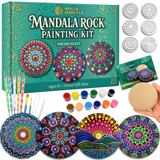 Mandala Rock Painting Kit – Mandala Dotting Tools Set - 5 Large Wooden Rocks + 6 Stencils + Acrylic Paints - Relaxing Arts and Crafts for Adults Women - DIY Hobbies Art and Projects Dot Art Kit