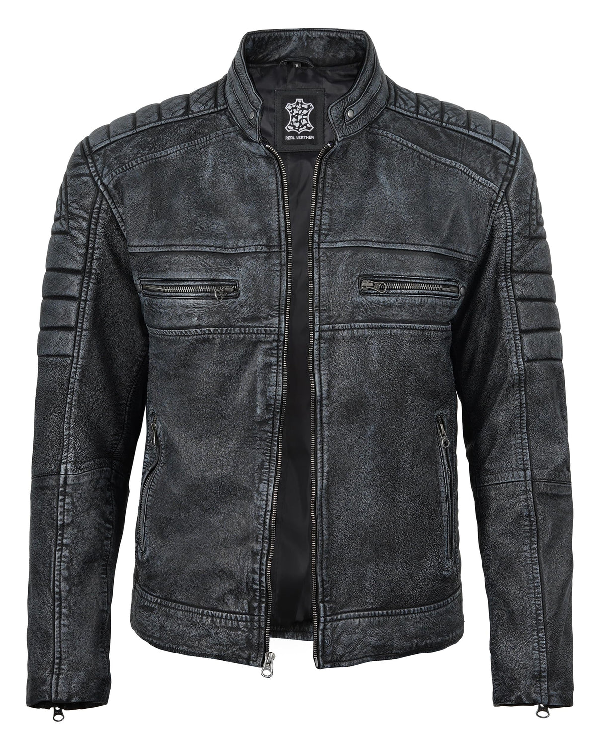 fjackets Cafe Racer Leather Jacket Men - Real lambskin leather jacket men Motorcycle Jacket Mens Austin Men's Distressed washed | [1132614] Black, L