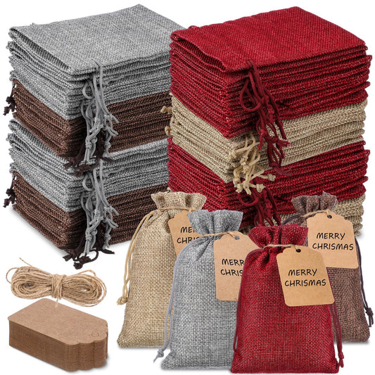 Woanger 100 Pcs Burlap Gift Bags with 100 Pcs Kraft Paper Gift Tags Drawstring Favor Bulk Burlap Sack Bags for DIY Wedding Party Craft(4 x 6 Inch,Dark Brown Natural Wine Red, Gray)
