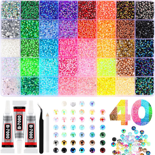 Zefy 40 Colors Resin Jelly Rhinestones for Bedazzling, 3mm 40000 Pcs Flatback Gems for Crafting, Bedazzling Kit with 3Pcs B7000 Glue for Clothing Shoes Nail Book Diamond Art