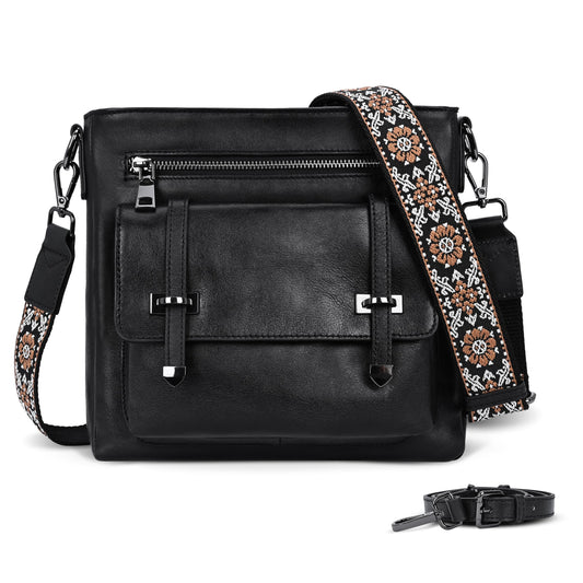 Iswee Soft Leather Crossbody Bags for Women Shoulder Handbags Multi Pocket Travel Purse with Adjustable Strap Medium Size (Black)