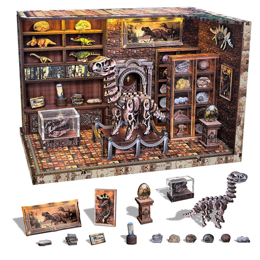 FLYINTOYS Book Nook Kit, DIY Miniature Dollhouse Booknook Kit for Adults and Teens, 3D Wooden Puzzle Bookshelf Crafts Kits with LED Light for Family and Friends (Dinosaur Research Institute)