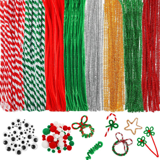 Juexica 300 Pcs Christmas Pipe Cleaners Craft Set Including Glitter Chenille Stems Poms Self Adhesive Wiggle Googly Eyes Creative Arts Chenille Stems for Christmas Decoration DIY Art Craft (Assorted)