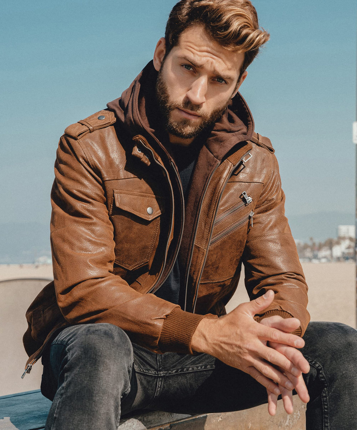 FLAVOR Men Brown Leather Motorcycle Jacket with Removable Hood (Medium (US standard), Brown)