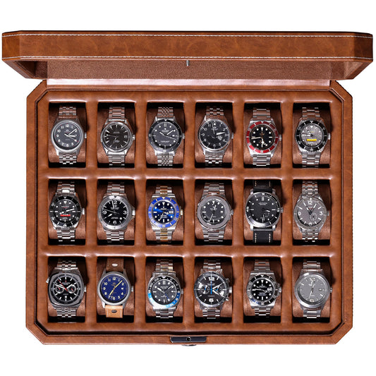ROTHWELL 18-Slot Watch Case – Luxury Watch Box for Men, Real Glass Top, Lockable, Elegant Display for Collections (Tan/Brown)