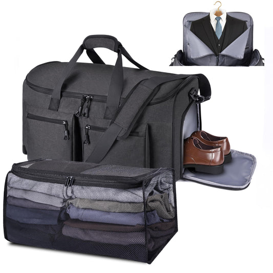HILOMON Convertible Duffle Bags for Travel Carry On Suit Duffle Bags with Shoulder Strap 2 in 1 Hanging Garment Duffle Bag for Men Women (Black Mesh Storage)