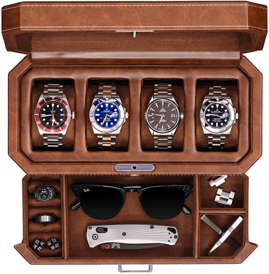 ROTHWELL 4 Slot Leather Watch Box with Valet Drawer - Luxury Case Display Jewelry Organizer, Locking Display Case Holder with Real Glass Top - Watch Box Organizer for Men & Women (Tan)