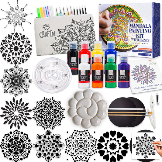Complete Beginner's Mandala Painting 46 Piece Kit with Acrylic Paints, Reusable Stencils and Dotting Tools. Fun Rock Art & DIY Craft Project. Starter Activity Pack and Gift for Teens, and Adults