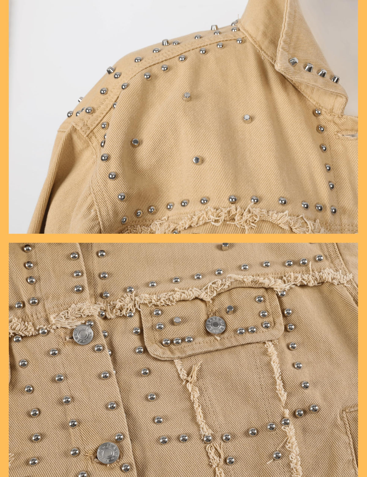Omoone Women's Long Sleeve Rivet Studded Denim Jacket Casual Washed Pearl Short Jean Coat(2140-Khaki-XL)