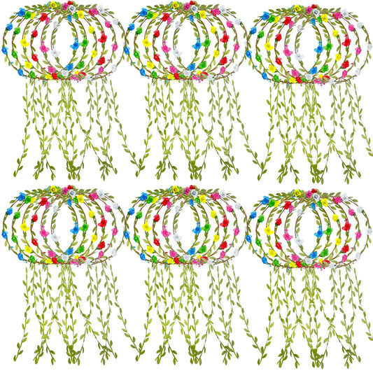 30 Pcs Assorted Colored Flower Crown Bohemian Floral Garland Headbands Multicolor Headband Garland Wreath Green Leaves Decor for Women Wedding Birthday Fairy Party Favor Supplies