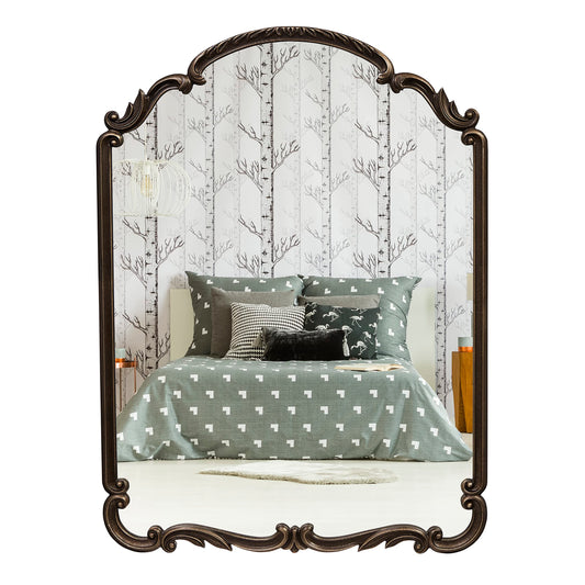 Wylde Iris English Estate Carved Arch Wood Wall Mirror, Mirror for Entryway, Living Room, Bathroom, Antique Black, 22x30
