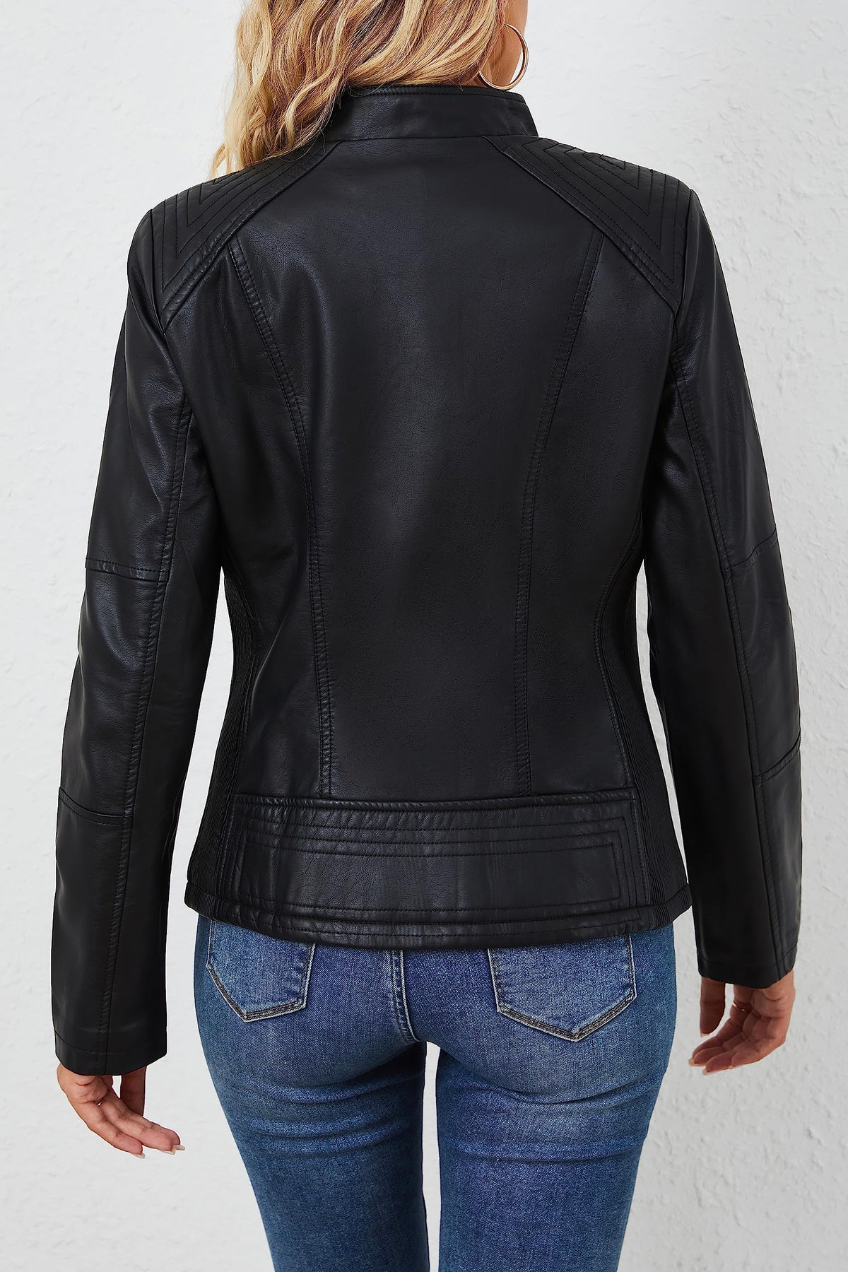 Bellivera Faux Leather Women Motorcycle Stand Collar Jacket Black XL