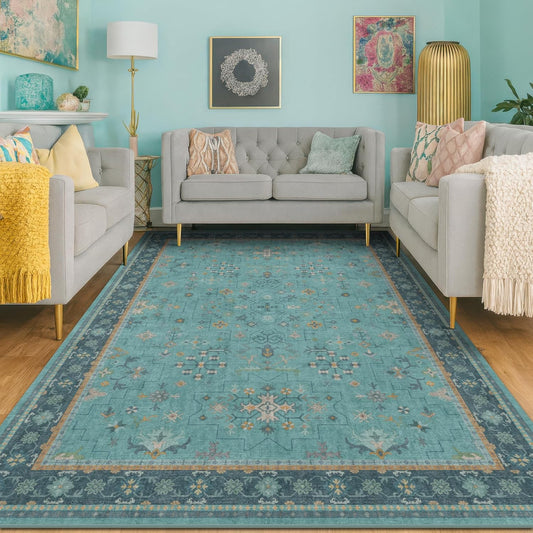Regine Switzerland Washable Teal Rug - Modern Floral Low-Pile Non-Skid Carpet | 5x8 Size for Living Room & Bedroom
