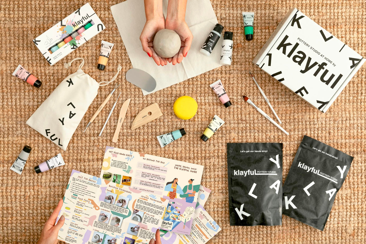 KLAYFUL Pottery Kit for Adults – 6,6lbs Air Dry Clay Pottery Set with Tools, Paints & Brushes – DIY Arts & Crafts Kit for Beginners & Couples | Creative Gift Set for Relaxing Date Night Crafts