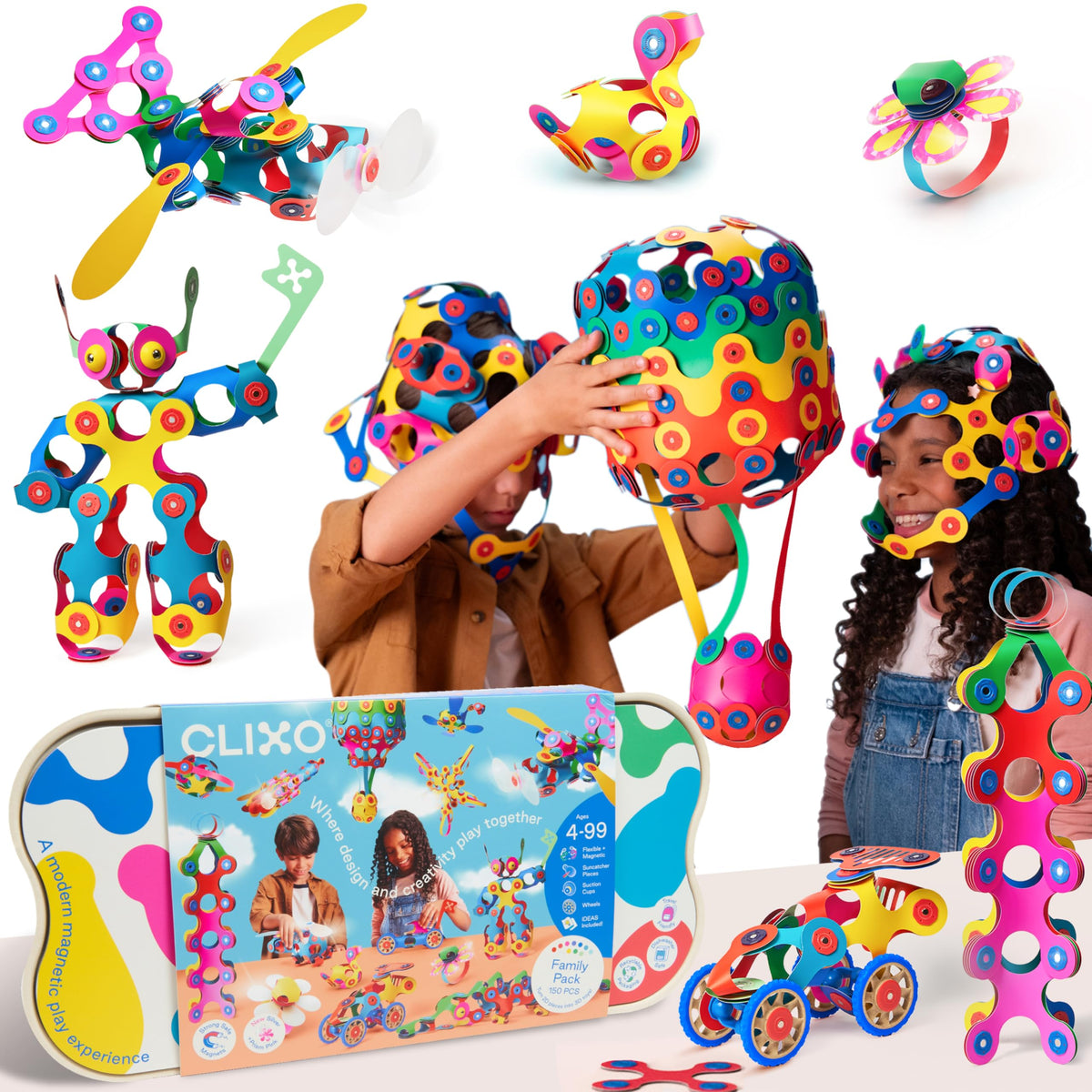 Clixo Mega Pack – 150-Piece Flexible Magnetic Building Toy for Creative Family Play | STEAM Learning, Open-Ended Play. Perfect for Collaborative Fun, Travel, and Educational Bonding. Ages 4+