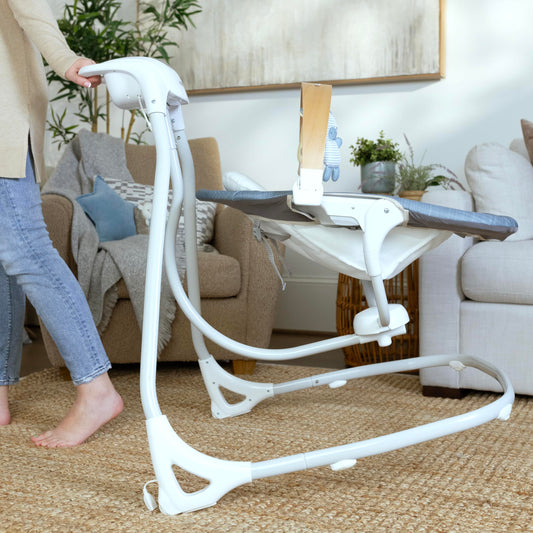 Ingenuity SimpleComfort Compact Baby Swing, Rotating Seat Swings in 3 Directions, 6 Speeds, 8 Melodies & 3 Nature Sounds, Ages 0-9 Months, Up to 20 Pounds - Chambray