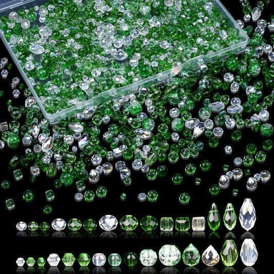 NUKAYAI 1200 Pcs Crystal Glass Beads for Jewelry Making – 13 Styles Bicone, Rondelle, Cube, Teardrop, Smooth Round, Floral and Strawberry Beads Bulk for DIY Bracelet Necklace Earring Craft Kit (Green)