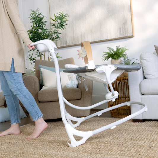 Ingenuity SimpleComfort Compact Baby Swing, Rotating Seat Swings in 3 Directions, 6 Speeds, 8 Melodies & 3 Nature Sounds, Ages 0-9 Months, Up to 20 Pounds - Parker