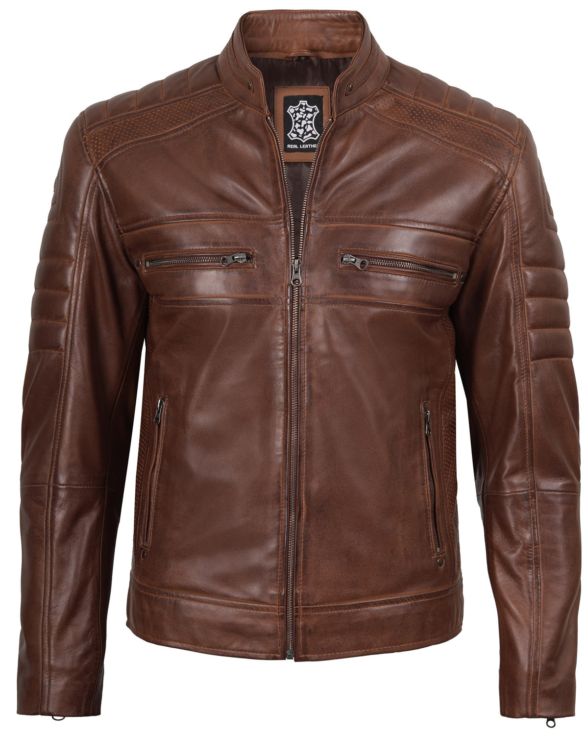 fjackets Men's Cafe Racer Leather Jacket - Austin Brown [1100064] L