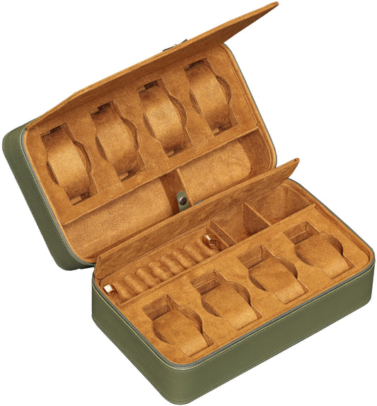 ROTHWELL 8 Watch Travel Case Storage Organizer for 8 Watches, Sunglasses, Rings & Cufflinks |Tough Portable Protection with Zipper Fits Most Wristwatches & Smart Watches Up to 50mm (Green/Tan)