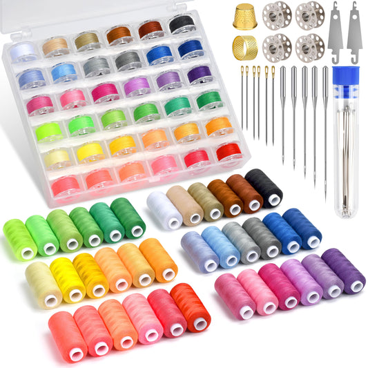 140 Pcs Sewing Thread Kit, 36 Assorted Colors Machine Threads with Spools, 400 Yards Prewound Bobbins Set with 10 Machine Needles (70/9, 75/11, 90/14, 100/16 110/18) for Universal Sewing Machines Use